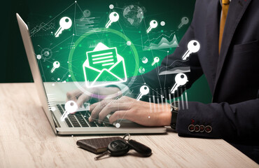 Business hand working on laptop, successful business concept