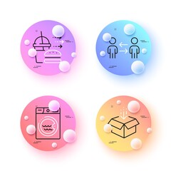 Food delivery, Get box and Teamwork business minimal line icons. 3d spheres or balls buttons. Laundry icons. For web, application, printing. Burger with soft drink, Send package, Collaboration. Vector