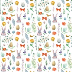 Vintage seamless pattern for Easter with eggs, flowers, rabbit