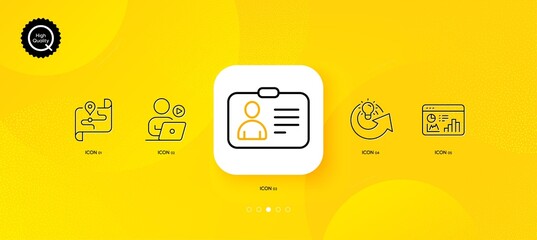Fototapeta na wymiar Share idea, Seo statistics and Id card minimal line icons. Yellow abstract background. Map, Video conference icons. For web, application, printing. Solution, Analytics chart, Human document. Vector
