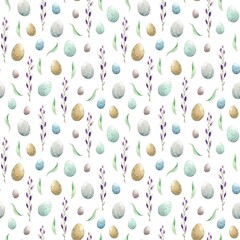 Vintage seamless pattern for Easter with eggs, branches and leaves 