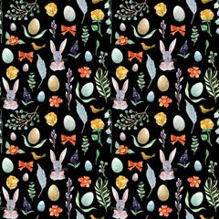 Vintage seamless pattern for Easter with eggs, flowers, rabbit