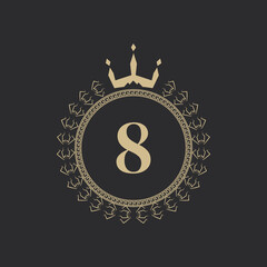 Naklejka premium Number 8 Heraldic Royal Frame with Crown and Laurel Wreath. Simple Classic Emblem. Round Composition. Graphics Style. Art Elements for Logo Design Vector Illustration