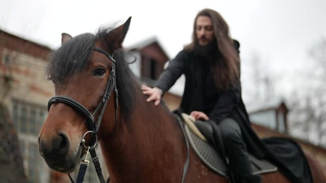 calm brown horse and enigmatic long-haired man in black