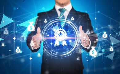 Businessman holdig business icons