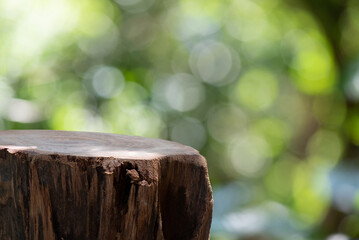 Empty old plank wood on bokeh nature background.