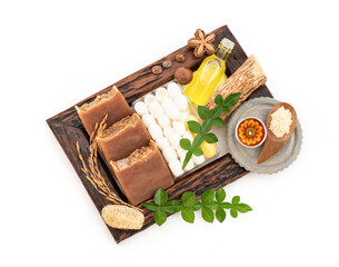 Handmade soap with thanaka and cocoon isolated on white background.top view.