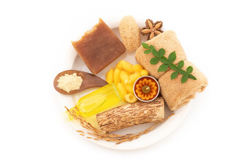 Handmade soap with thanaka and cocoon isolated on white background.top view.