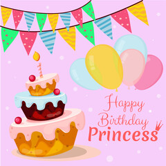 Cute happy birthday card with funny cake and candle, balloons. Vector illustration.