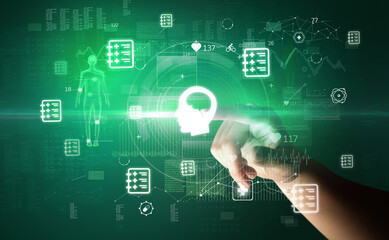 Doctor hand pressing futuristic health device with medical symbol on screen