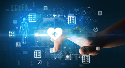 Doctor hand pressing futuristic health device with medical symbol on screen