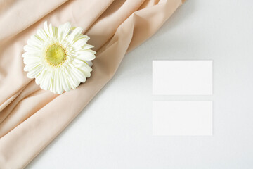 Mockup business card with gerbera leaves on the white background