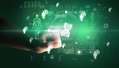 Doctor hand pressing futuristic health device with medical symbol on screen