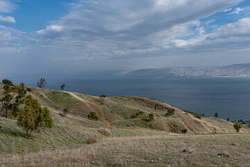View of the Sea of Galilee, its eastern coast, and the Golan Heights as seen from Poriya Youth Hostel, located high above the lake, Eastern Galilee, Israel