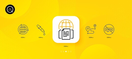 Fototapeta na wymiar Globe, Chemistry pipette and Journey minimal line icons. Yellow abstract background. Stop stress, Internet documents icons. For web, application, printing. Vector