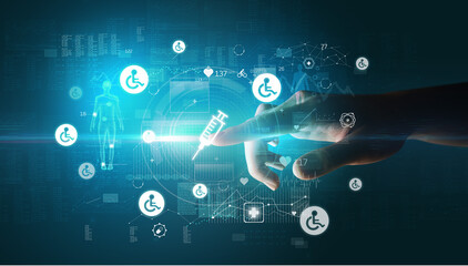 Doctor hand pressing futuristic health device with medical symbol on screen