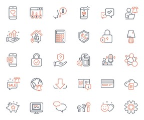 Technology icons set. Included icon as Protection shield, Internet notification and Spanner web elements. Service, Bill accounting, Customer satisfaction icons. Promotion bell. Vector