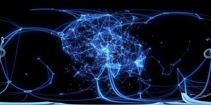 VR360 Digital Binary Metaverse Data Network expansion explosion Meta universe burst Plexus digits and lines expanding forming a tunnel flying forward then collapses explodes Motion background 360VR