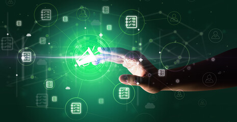 Businessman hand pressing stock graphic information on multitouch screen