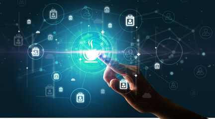 Businessman hand pressing stock graphic information on multitouch screen