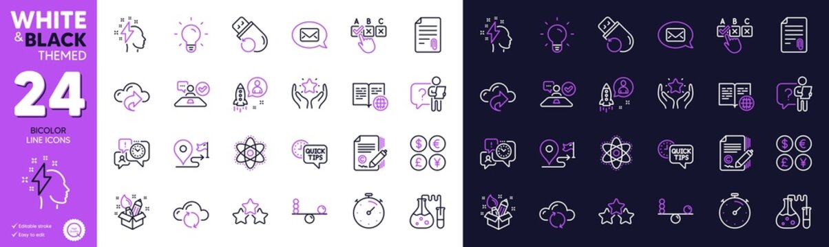 Balance, Money Currency And Creativity Line Icons For Website, Printing. Collection Of Correct Checkbox, Search Employee, Ranking Icons. Light Bulb, Internet Book, Chemistry Lab Web Elements. Vector