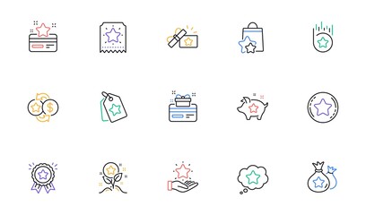 Loyalty program line icons. Bonus card, Redeem gift and discount coupon signs. Lottery ticket, Earn reward and winner gift icons. Linear set. Bicolor outline web elements. Vector
