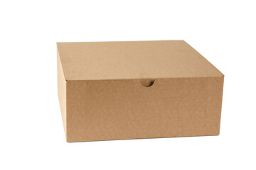 The brown cardboard box is placed horizontally. Packing material for sending goods by mail. Online delivery. Internet order. Isolated on a white background.