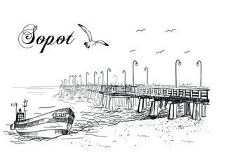 The Sopot molo . Beach and sea and a fishing boat. Vector drawing, sketch. Postcard, souvenir. - obrazy, fototapety, plakaty