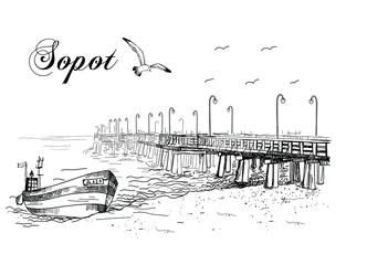 Foto op Plexiglas The Sopot molo . Beach and sea and a fishing boat. Vector drawing, sketch. Postcard, souvenir. © Nom de plume