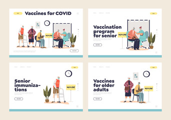 Campaign of senior vaccination landing pages set with older people waiting for vaccine from covid-19