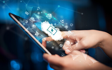 Close-up of a touchscreen with technology icons