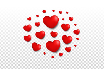 Vector realistic isolated red hearts on the transparent background. Concept of Valentine's Day.