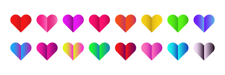 Vector set of origami hearts with different easy to change gradient colors on the white background. Concept of Valentine's Day.