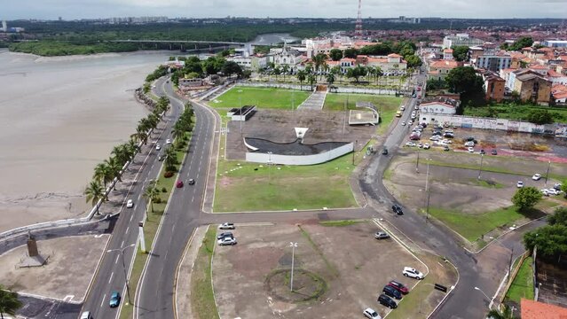 Downtown Sao Luis Maranhao Brazil. Northeast Brazil. Panning wide landscape of historic buildings of capital city of Maranhao. Tourism landmark. Travel destination.