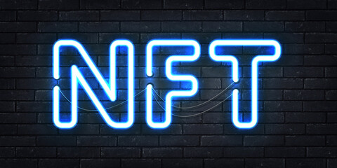 Obraz premium Vector realistic isolated neon sign of NFT on the wall background.