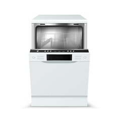 Realistic empty dishwasher with open door smart digital display. Front view of dishwashing machine