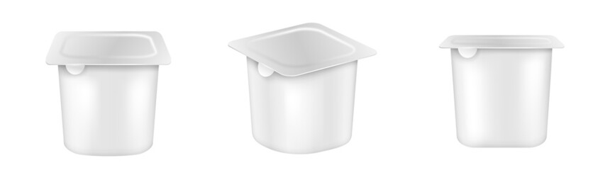 Set of realistic plastic container blank pots with foil lids, template jars mockup with yogurt