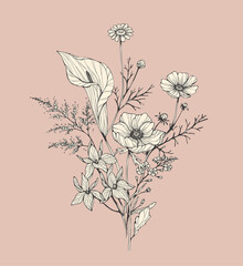 Trendy floral branch and minimalist flowers for logo or decorations. Hand drawn line wedding herb, elegant leaves for invitation save the date card. Botanical rustic trendy greenery