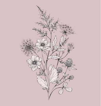 Trendy floral branch and minimalist flowers for logo or decorations. Hand drawn line wedding herb, elegant leaves for invitation save the date card. Botanical rustic trendy greenery