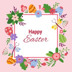 Easter frame with Easter eggs and text Happy Easter hand drawn pink on white background. Easter eggs with colorful leaves, flowers and berries. Vector illustration.	
