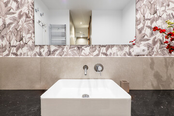 Toilet with dark wood chest furniture, white earthenware sink and square mirror with led included
