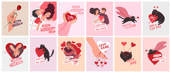 Set of Romantic Valentines Day greeting card or poster. Cat give heart, hands and couple in love. Flyers, invitation, brochure. Vector cartoon design