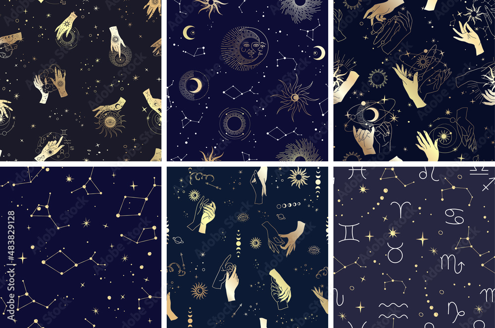 Sticker vector seamless pattern with celestial mystic esoteric magic elements constellations and stars. alch