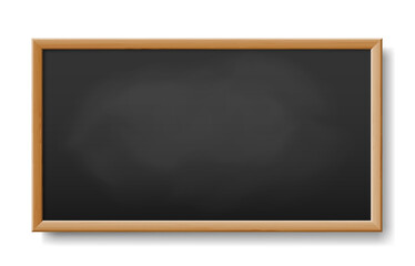 Rubbed dirty chalkboard. Realistic blackboard in wood frame. Empty chalkboard for school class