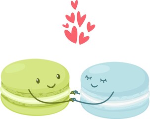 Macaroons in love hugging. Illustrations for valentine's day. Cute cakes with eyes and handles
