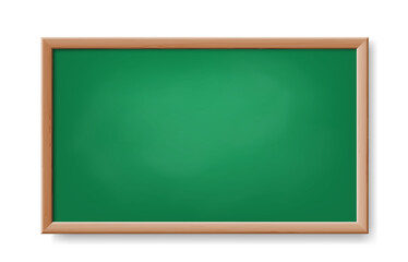 Realistic green chalkboard. Board in wood frame isolated. Empty chalk board for school class