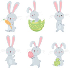 Vector set illustration for easter holiday. Cute hares are holding carrots and Easter eggs. Easter Bunnies.