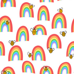 Seamless pattern with bees and rainbow. Small wasp. Vector illustration. Adorable cartoon character. Template design for invitation, cards, textile, fabric. Doodle style
