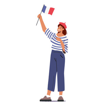 Typical French Woman in Red Beret and Striped T-Shirt Hold France Flag in Hands, Character in Paris Traditional Clothes