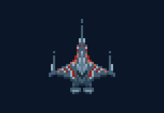 Illustration of a spaceship top view in pixel art style